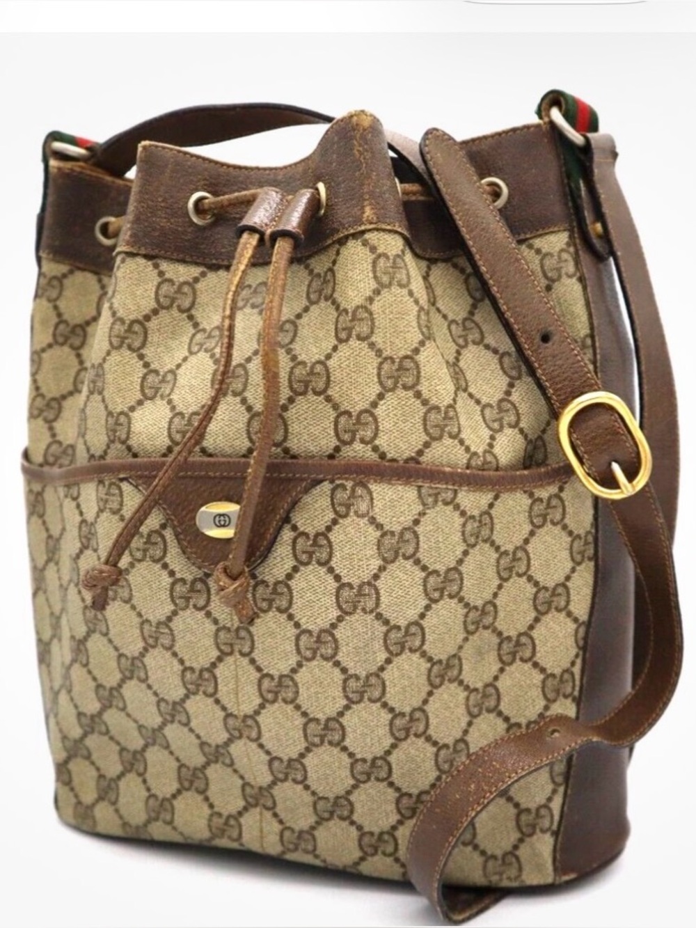 Vintage Gucci Sherry Line Drawstring Bag GG PVC Leather Brown Auth
